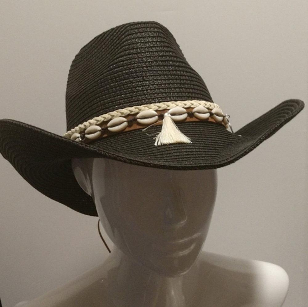 Unisex Straw Weave Western Beach Sun Hat Cowrie Cowry Shells Tassels Black Boho - Picture 2 of 14